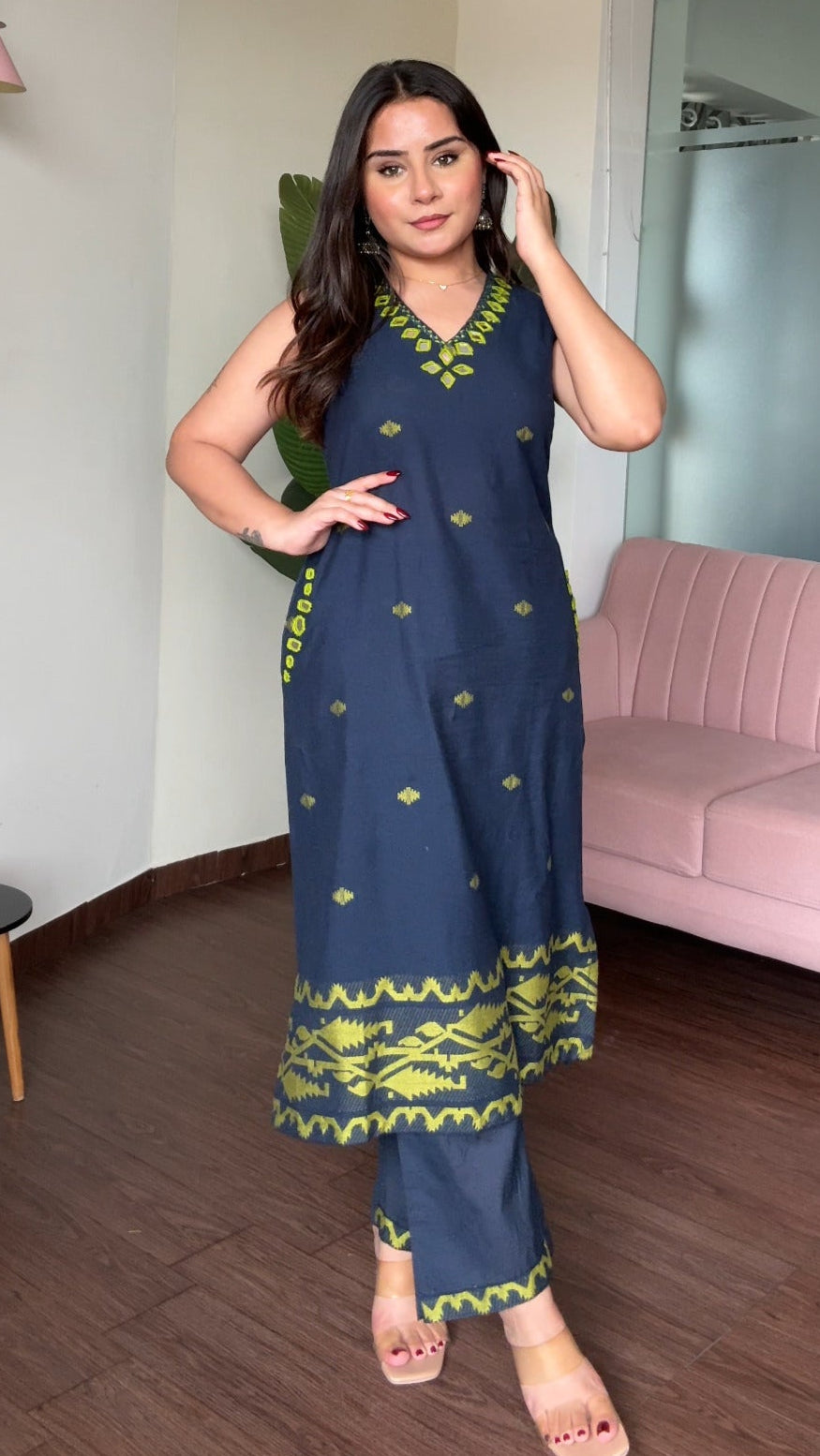 Mirror Work Colour Block Cotton Kurta Set