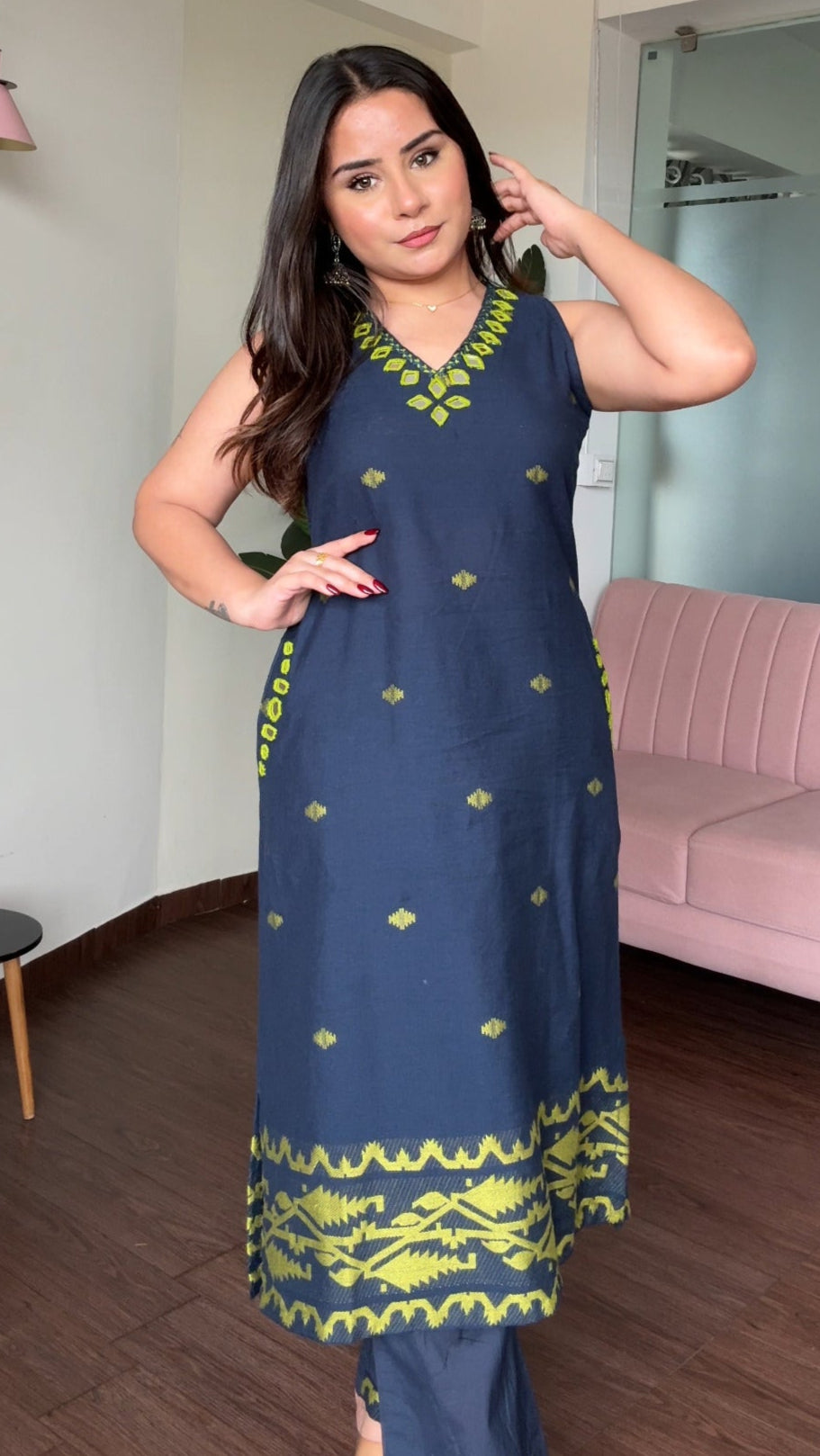 Mirror Work Colour Block Cotton Kurta Set