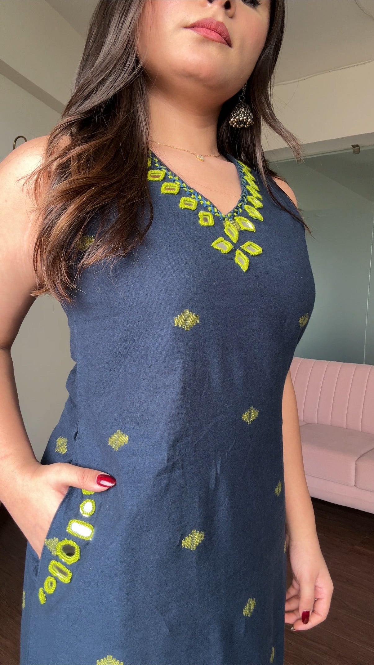 Mirror Work Colour Block Cotton Kurta Set