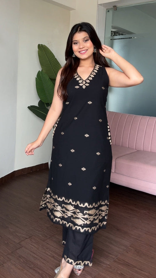 Mirror Work Colour Block Cotton Kurta Set