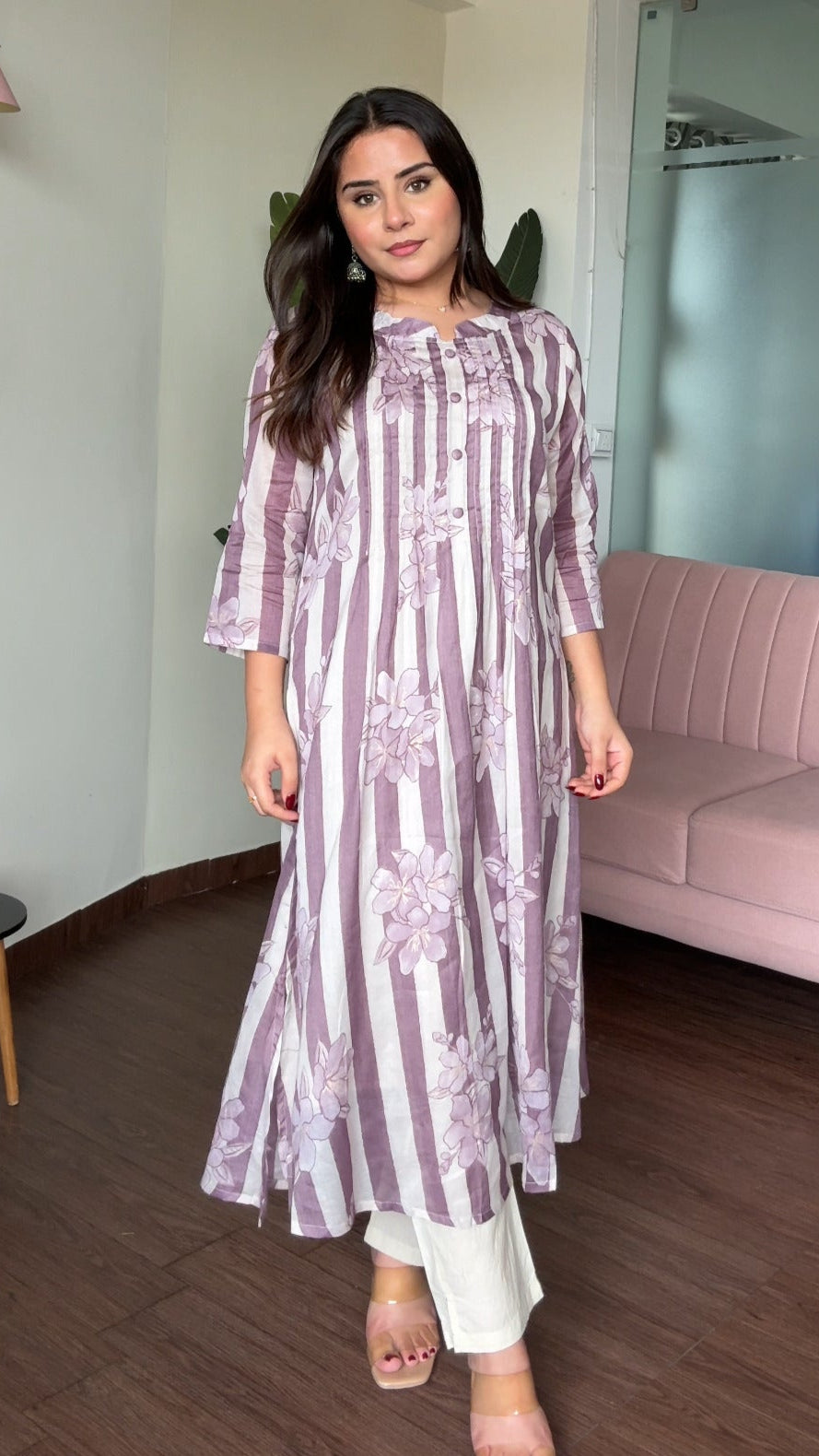 Mul Cotton Striped A Line Kurta Set