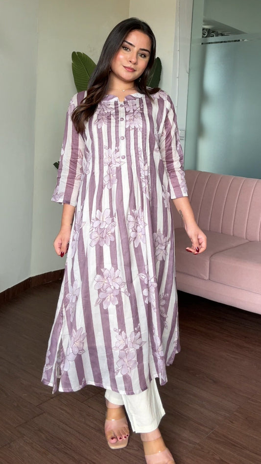 Mul Cotton Striped A Line Kurta Set