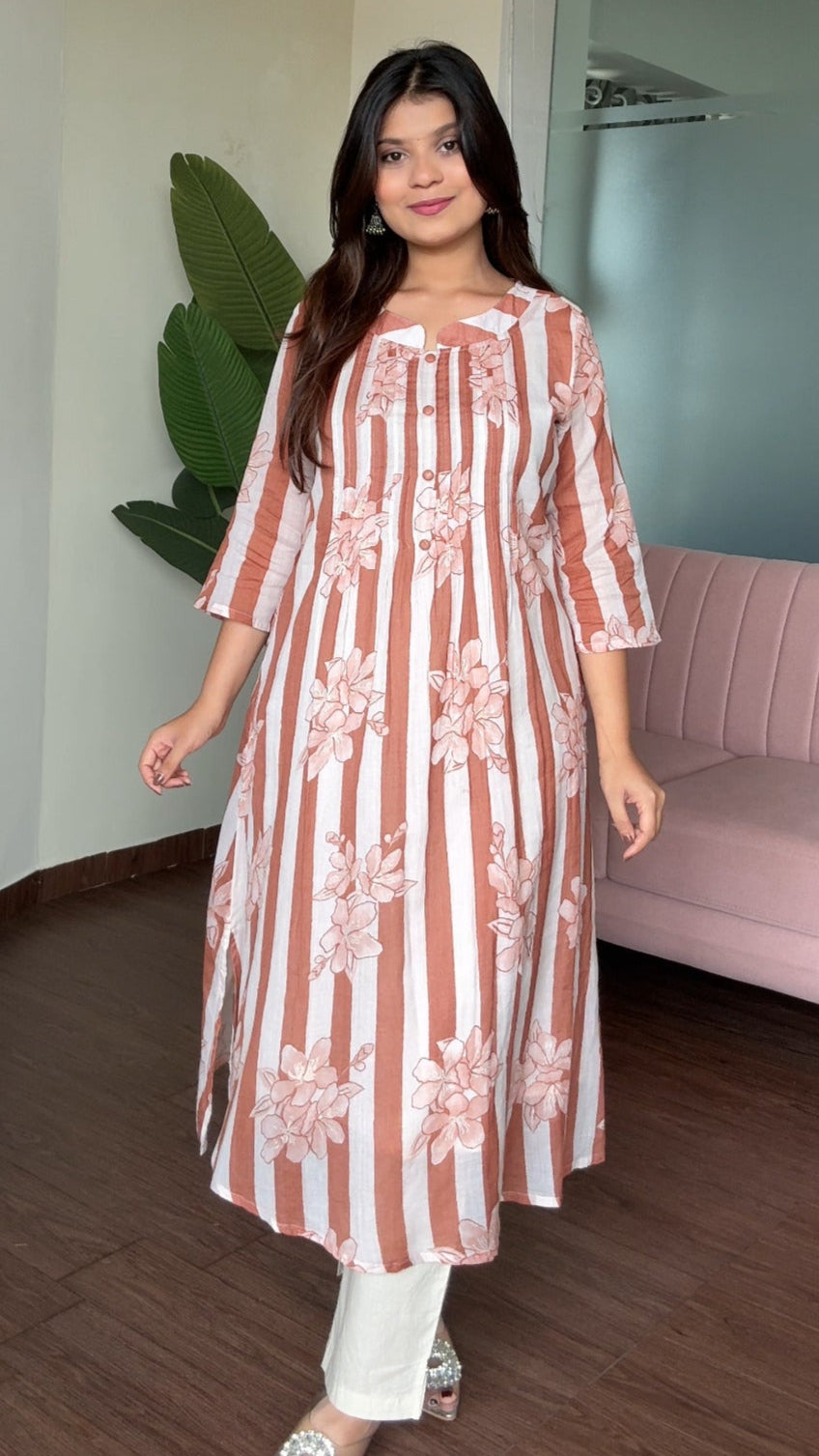 Mul Cotton Striped A Line Kurta Set