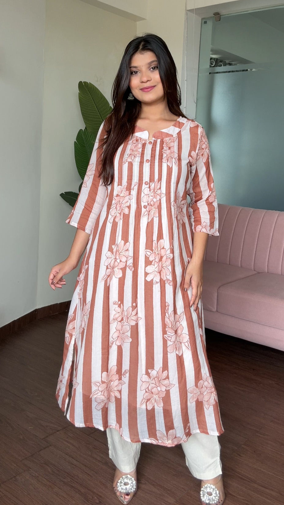 Mul Cotton Striped A Line Kurta Set