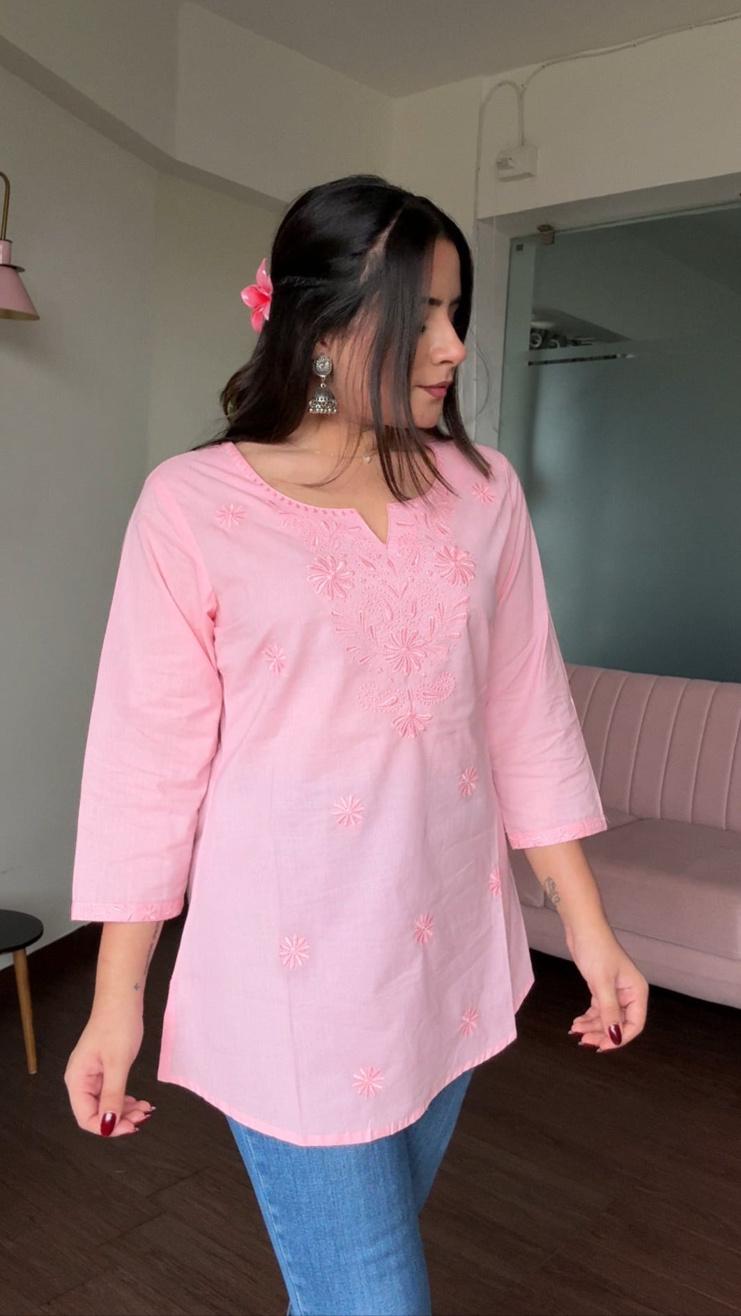 Chikankari Solid Monochrome Embroidery Short Kurti
