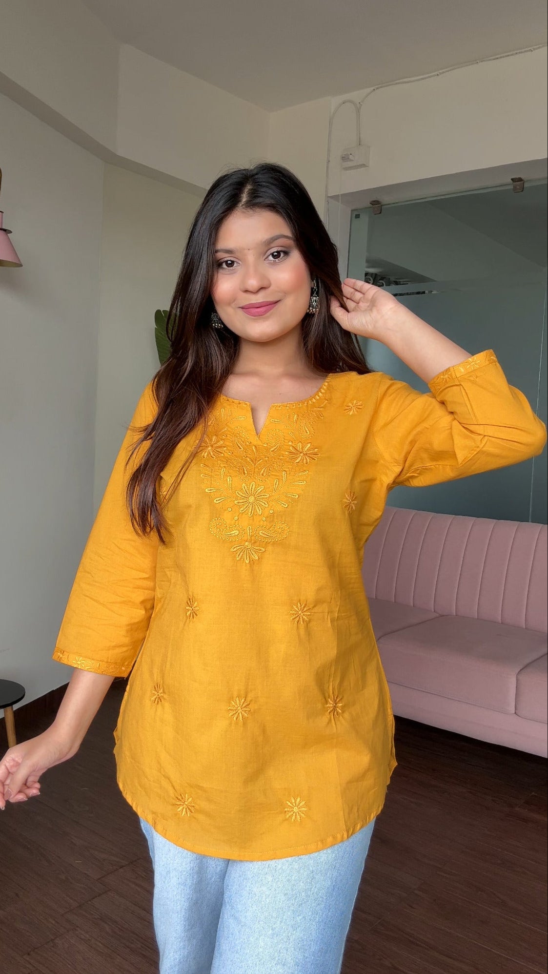Chikankari Solid Monochrome Embroidery Short Kurti