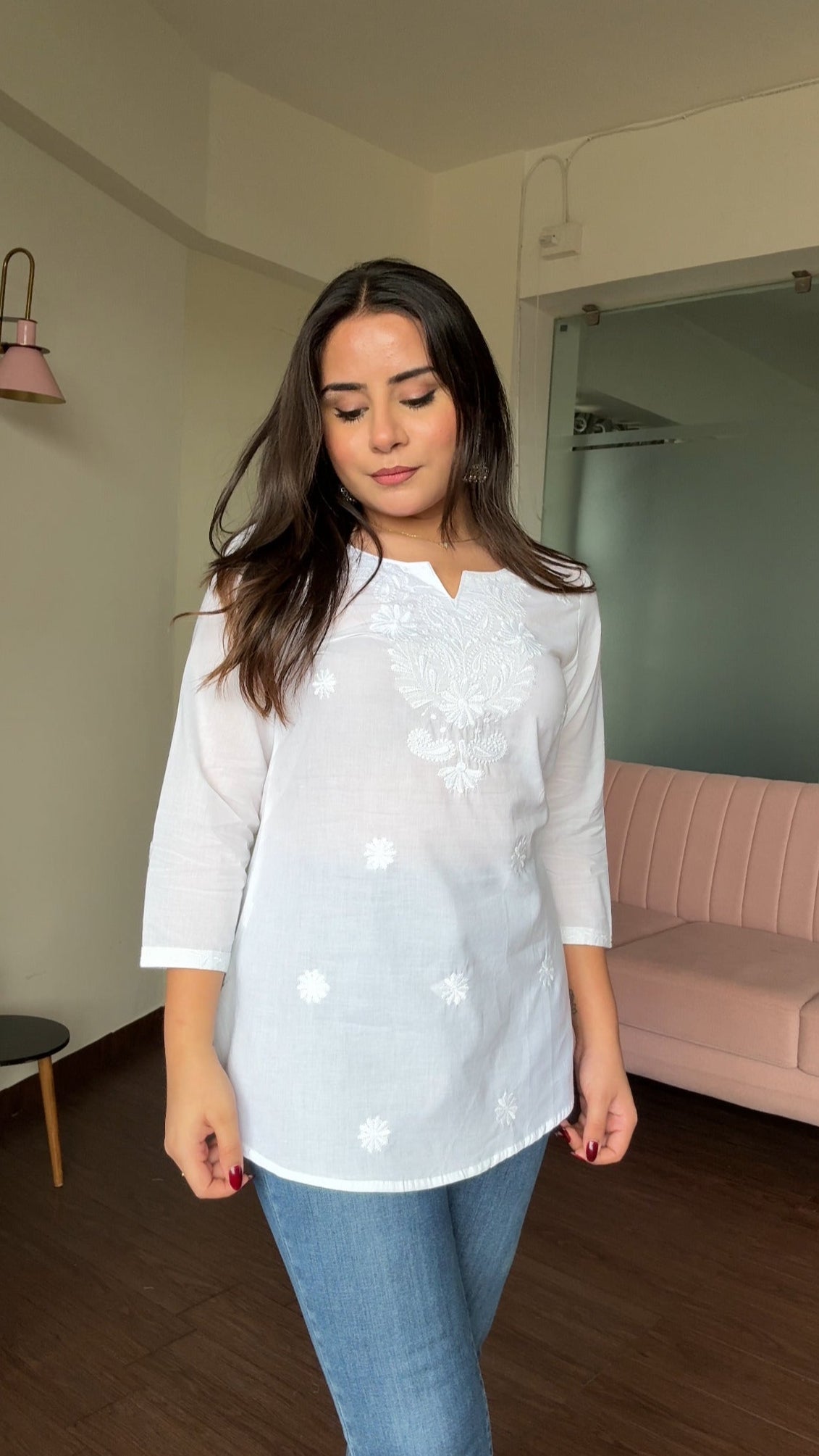 Chikankari Solid Monochrome Embroidery Short Kurti