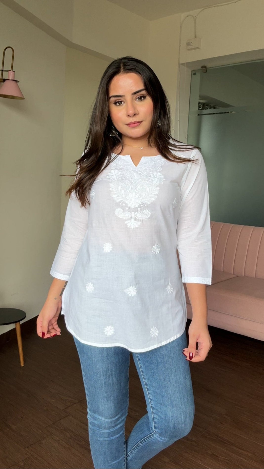Chikankari Solid Monochrome Embroidery Short Kurti