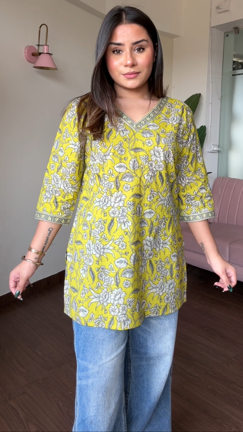 V Neck Block Printed Cotton Kurti