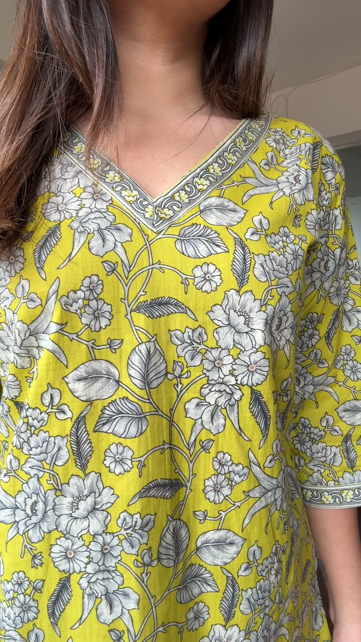 V Neck Block Printed Cotton Kurti