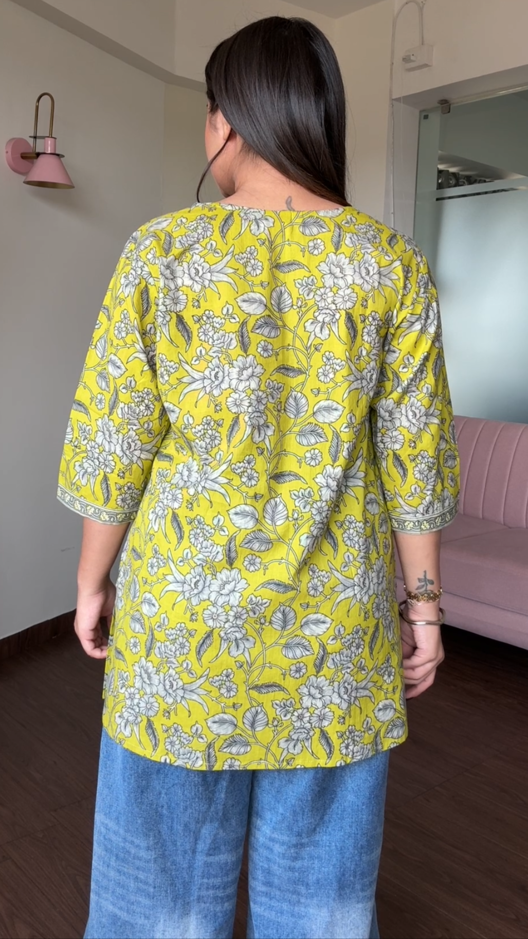 V Neck Block Printed Cotton Kurti