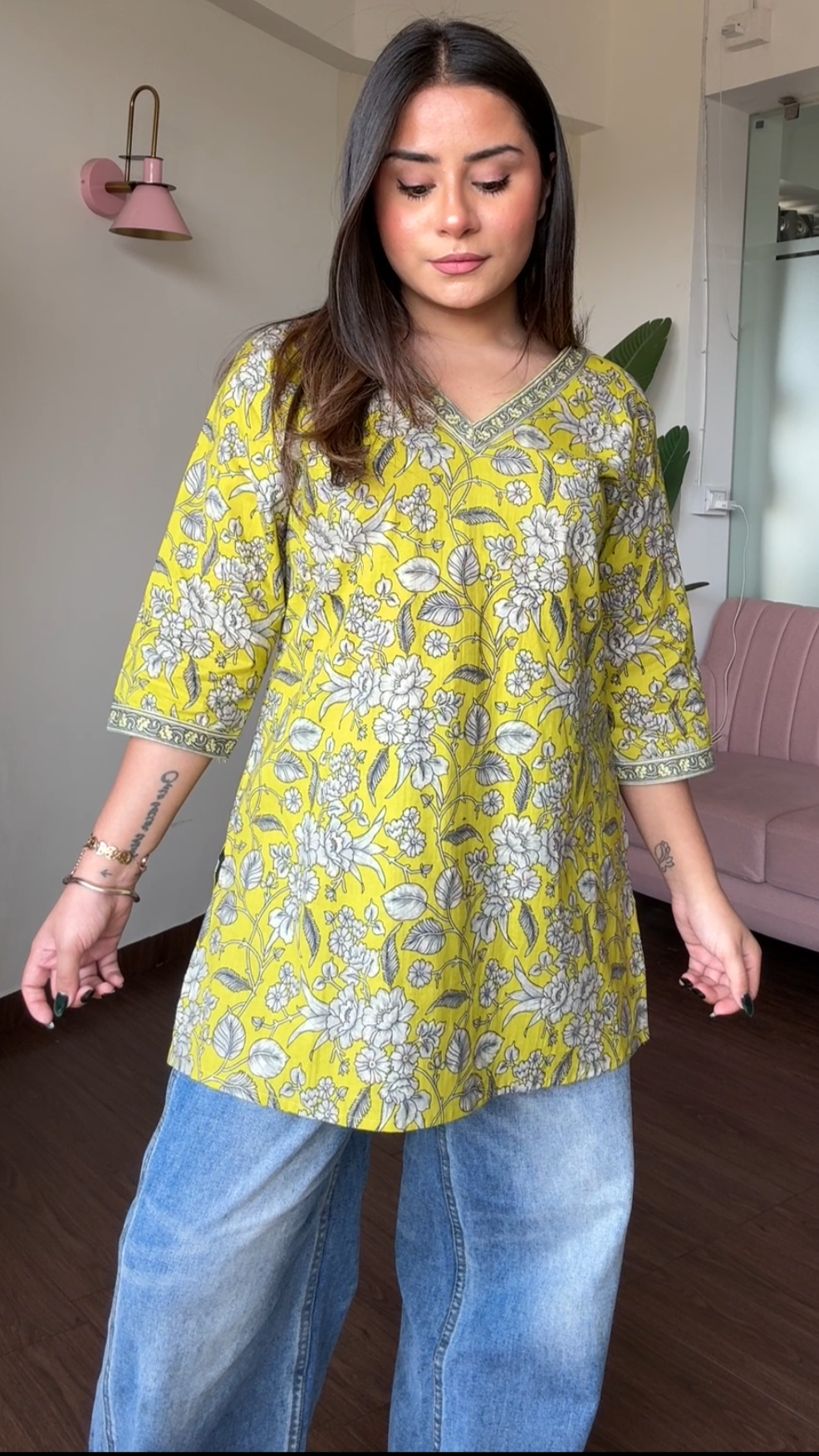 V Neck Block Printed Cotton Kurti