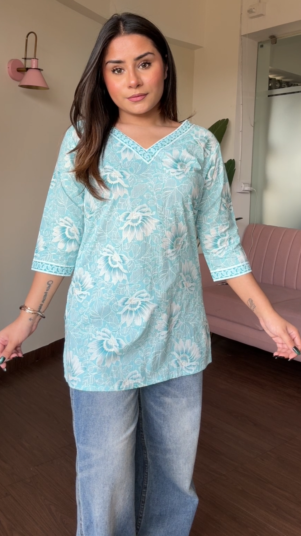 V Neck Block Printed Cotton Kurti