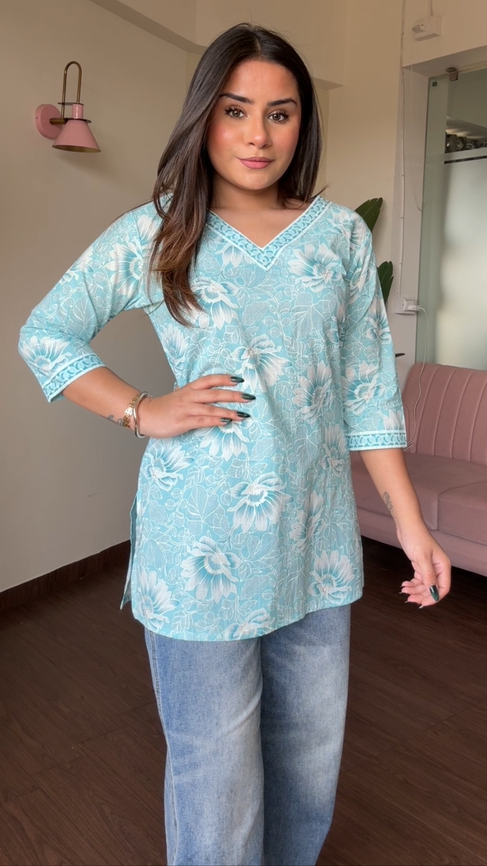 V Neck Block Printed Cotton Kurti