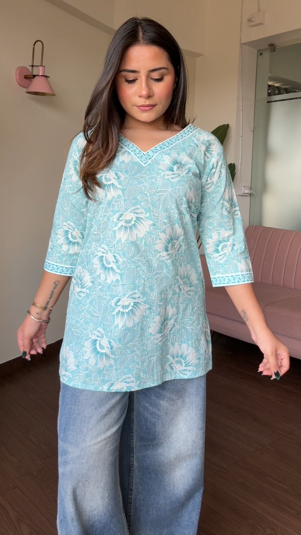 V Neck Block Printed Cotton Kurti