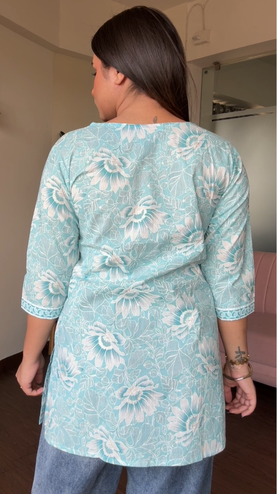 V Neck Block Printed Cotton Kurti