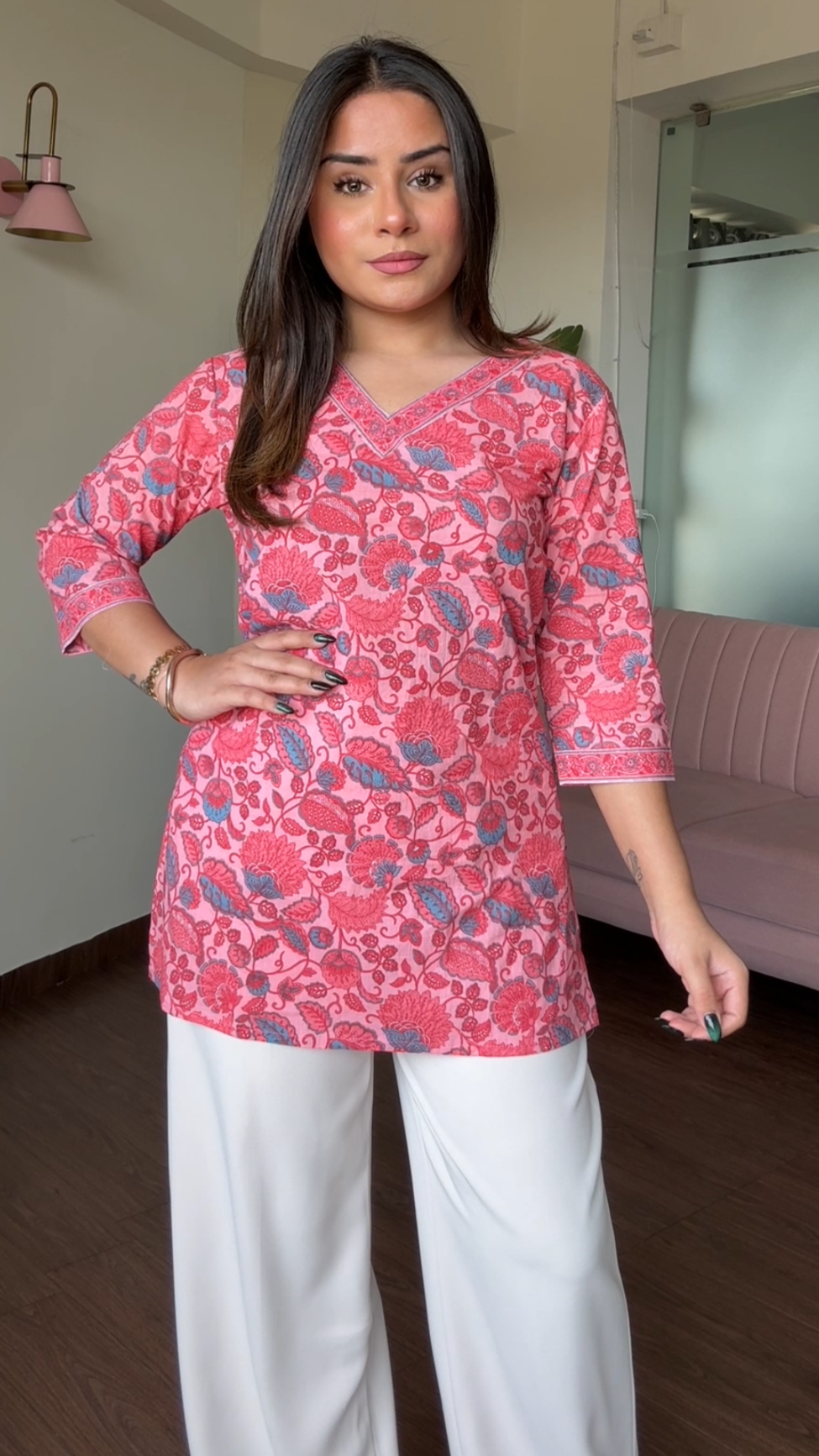 V Neck Block Printed Cotton Kurti