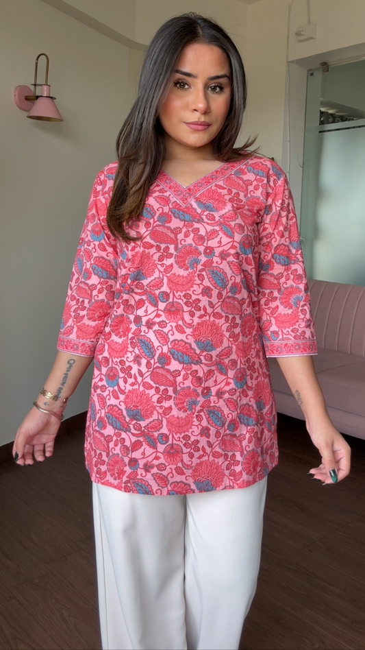 V Neck Block Printed Cotton Kurti