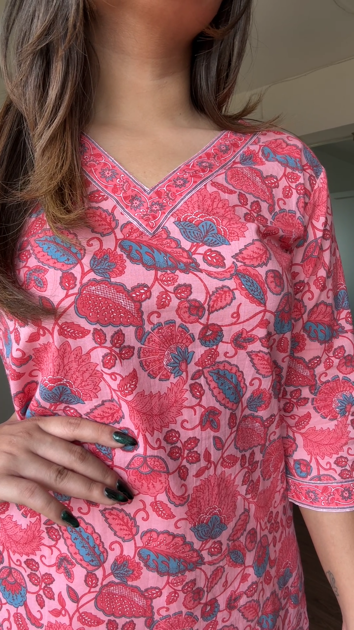 V Neck Block Printed Cotton Kurti