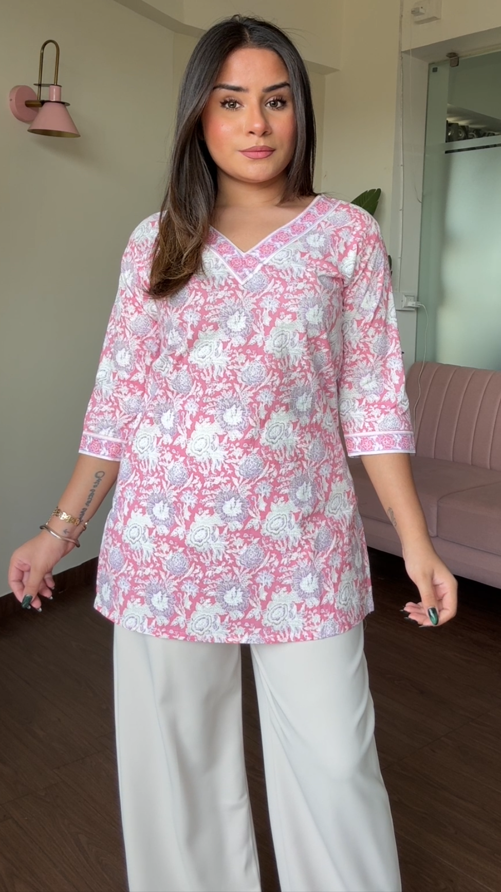 V Neck Block Printed Cotton Kurti