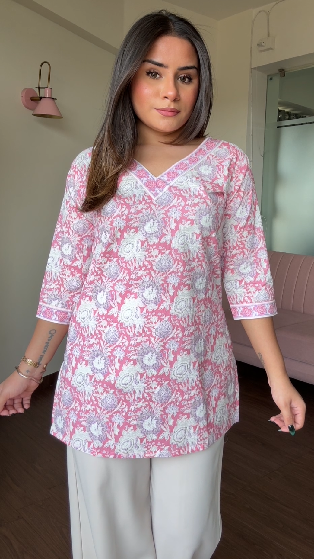 V Neck Block Printed Cotton Kurti