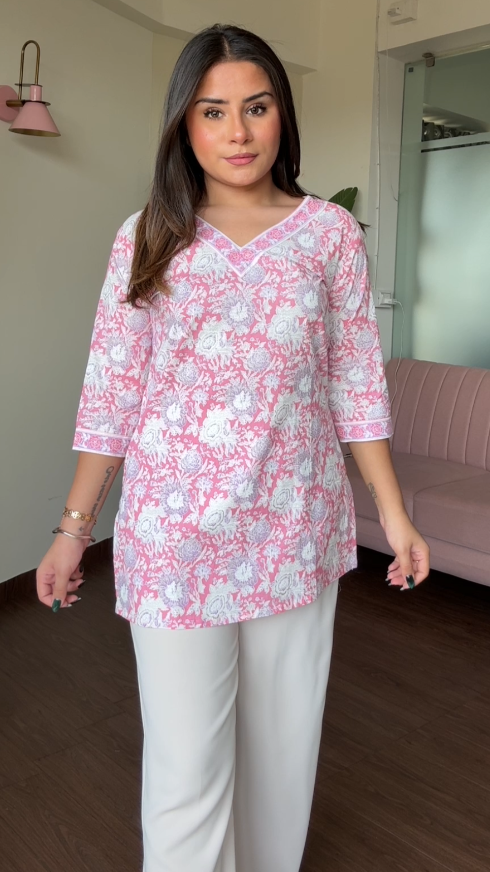 V Neck Block Printed Cotton Kurti