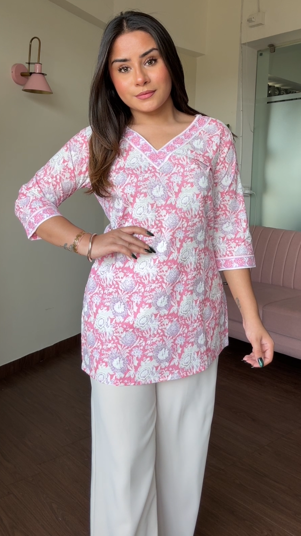 V Neck Block Printed Cotton Kurti