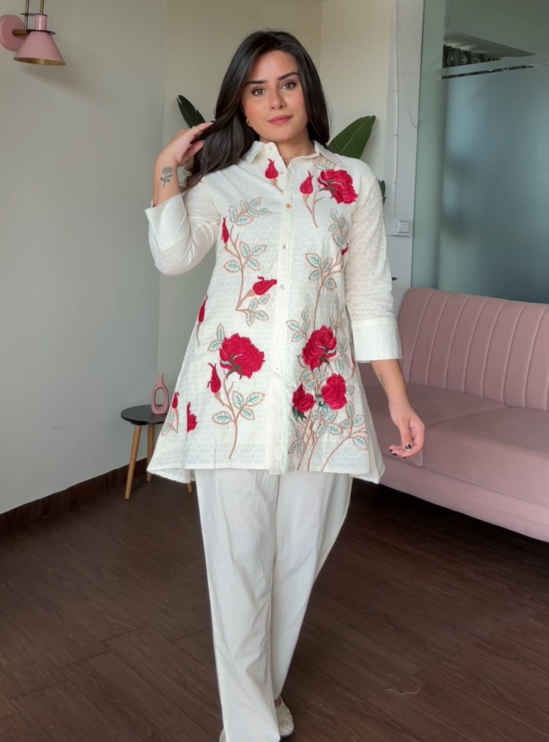 Rose Embroidered Collard 2 Piece Co-Ord Set