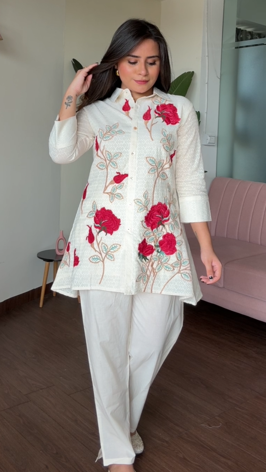 Rose Embroidered Collard 2 Piece Co-Ord Set