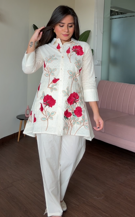 Rose Embroidered Collard 2 Piece Co-Ord Set