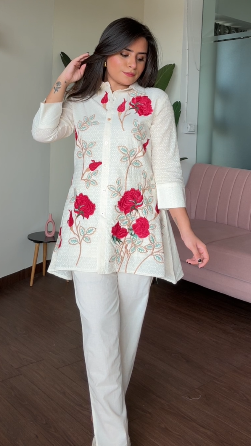 Rose Embroidered Collard 2 Piece Co-Ord Set