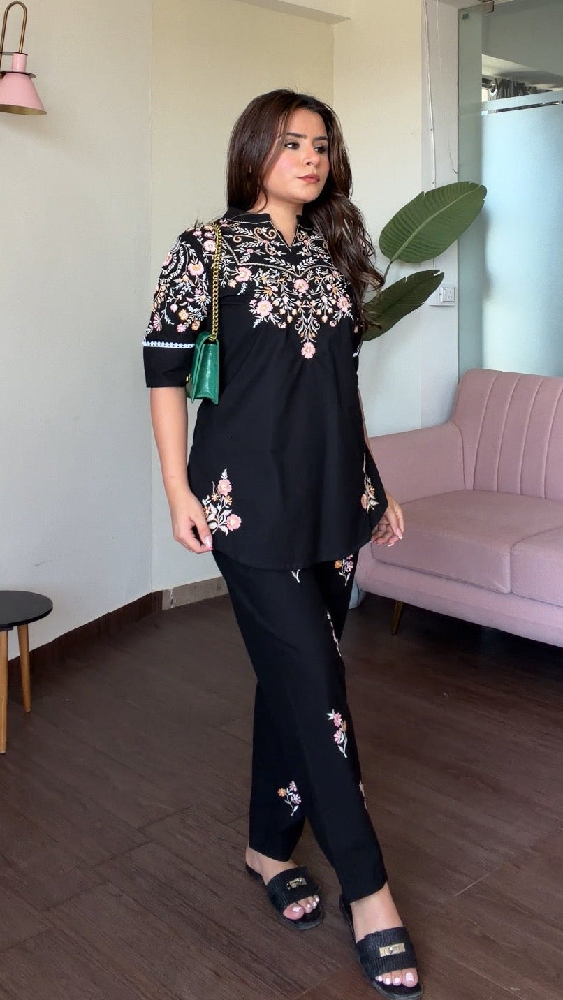 Multicolour Embroidery Black Solid Co-ord Set