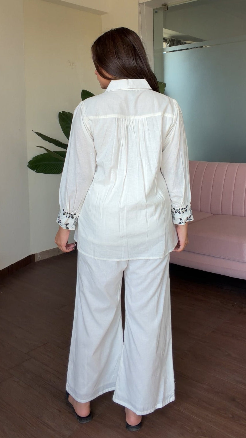 Contrast Embroidered Cotton White Co-ord Set