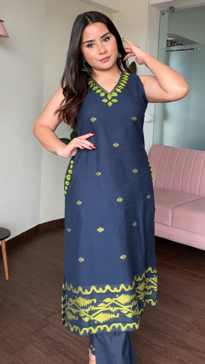 Mirror Work Colour Block Cotton Kurta Set