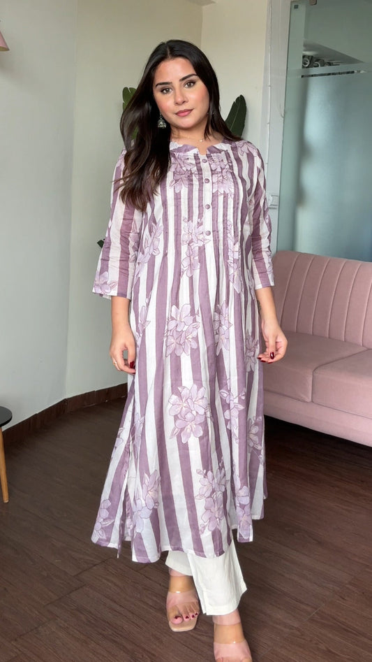 Mul Cotton Striped A Line Kurta Set