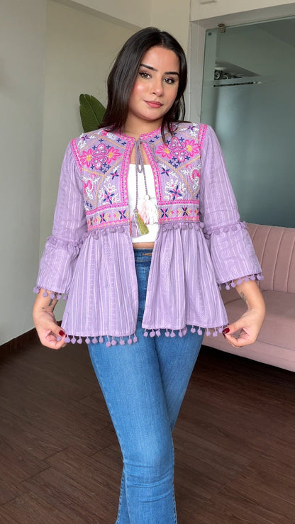 Embroidered Tie Up Peplum Jacket