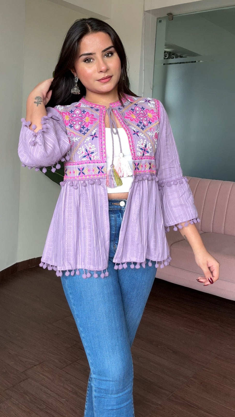 Embroidered Tie Up Peplum Jacket