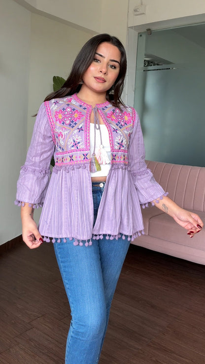Embroidered Tie Up Peplum Jacket