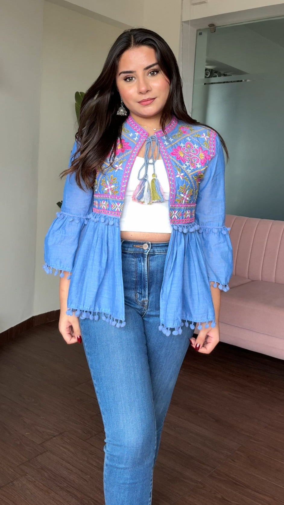 Embroidered Tie Up Peplum Jacket