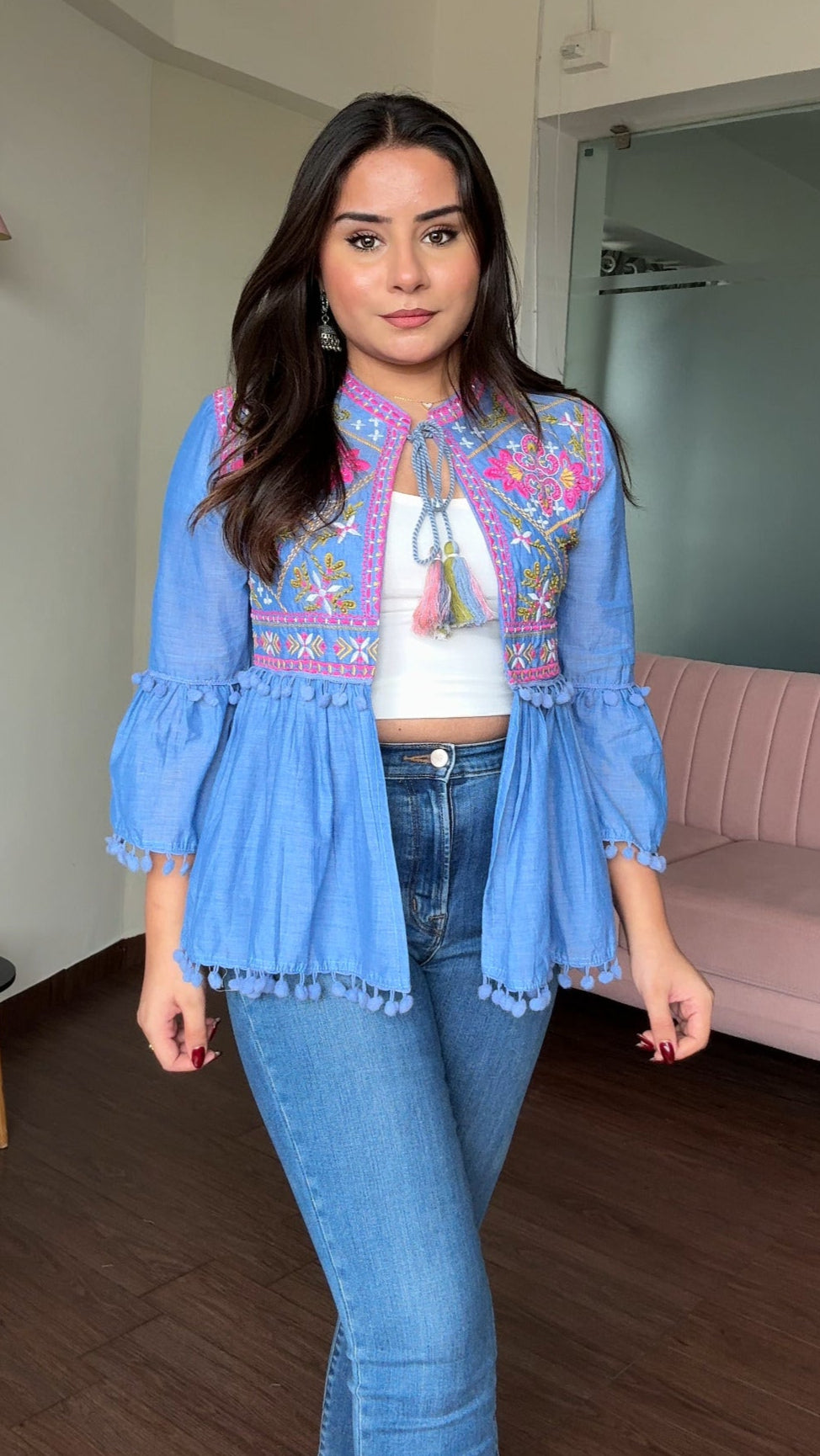 Embroidered Tie Up Peplum Jacket