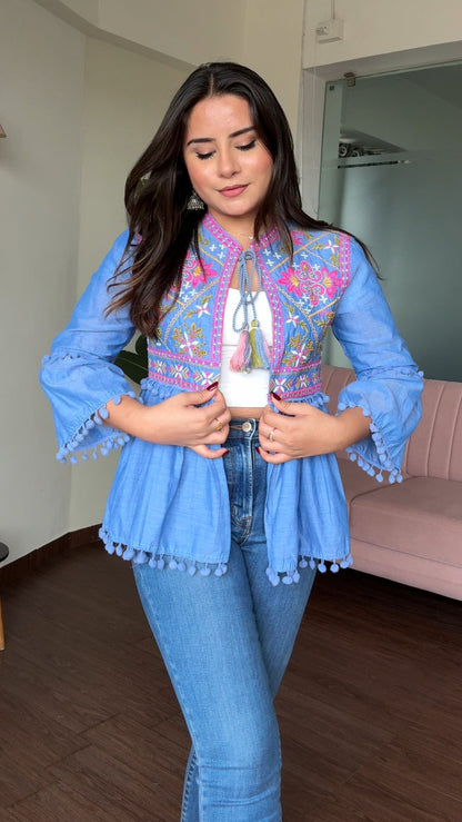 Embroidered Tie Up Peplum Jacket