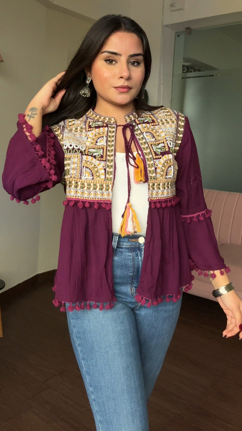 Embroidered Tie Up Peplum Jacket