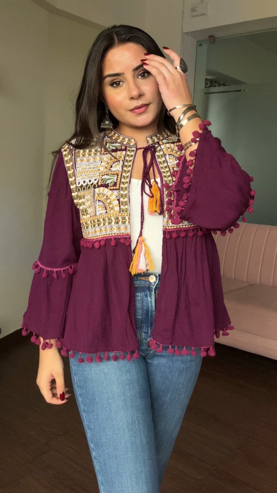 Embroidered Tie Up Peplum Jacket