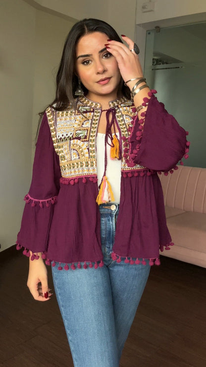 Embroidered Tie Up Peplum Jacket