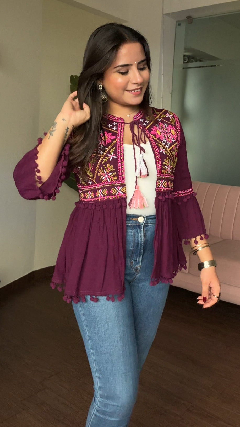 Embroidered Tie Up Peplum Jacket