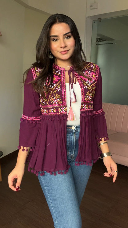 Embroidered Tie Up Peplum Jacket