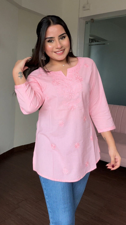 Chikankari Solid Monochrome Embroidery Short Kurti