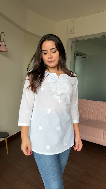 Chikankari Solid Monochrome Embroidery Short Kurti