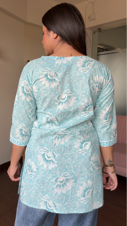 V Neck Block Printed Cotton Kurti