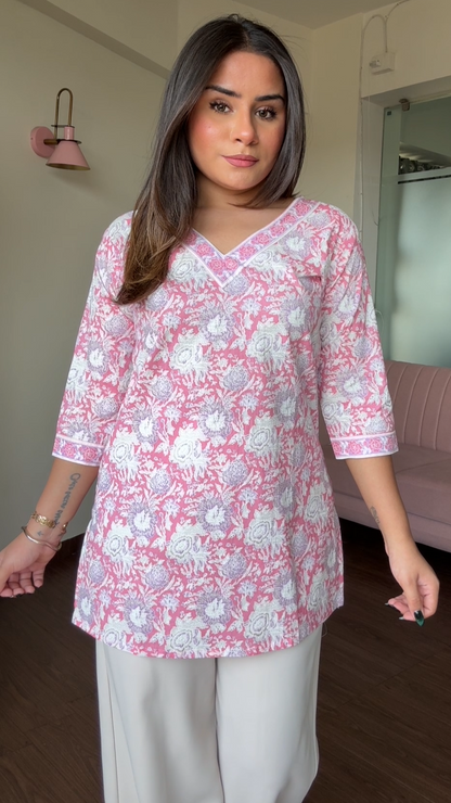 V Neck Block Printed Cotton Kurti